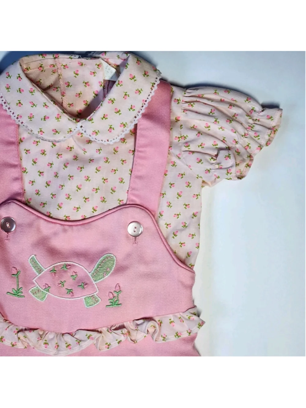 Vintage Toddler Baby Overalls Set 12 Months Pink Floral Embroidery Turtle Outfit